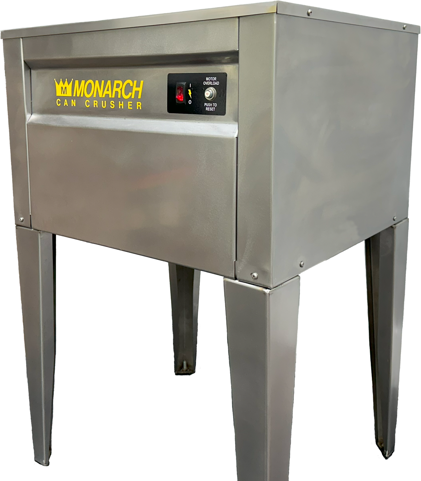 Monarch Automatic Can Crusher in stainless steel - front angle view